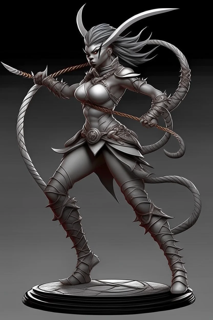 female gray skin Shadar-Kai wielding a Whip a whip made out of black thorns