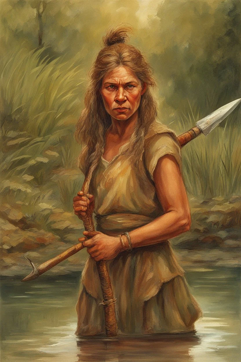 [Homo sapiens, Neanderthal] A beautiful woman nomadic hunter-gatherer with a Palaeolithic weapon around a pond