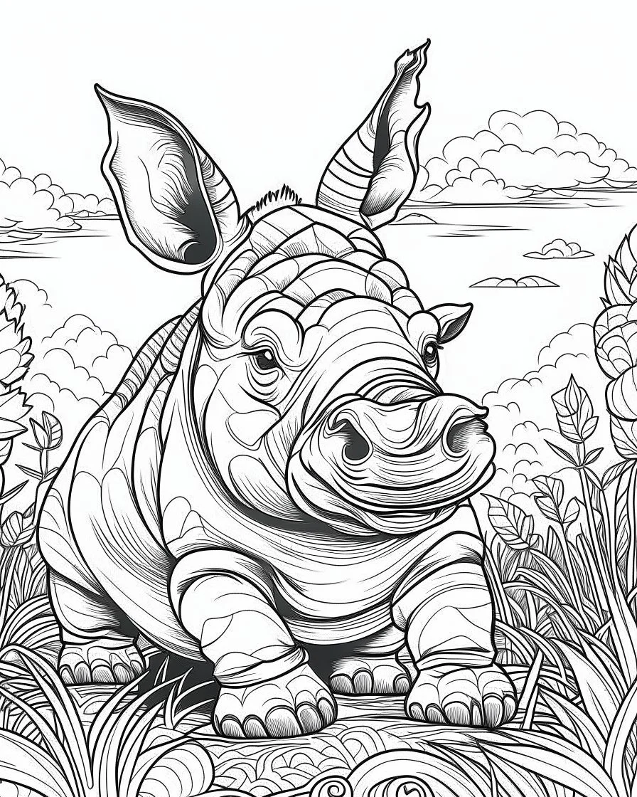 create a 2d black outline, "safari smiling cartoon rhino coloring book for adults", coloring page, low details design, black contour, coloring page design, simple background, colorful , card style, coloring page for kids, white background, sketch style, safari landscape, cartoon style