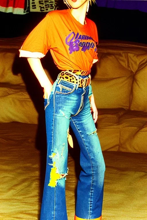 year 1996 denim fashion. Loose, baggy, low waist Combat pants and t-shirt. Colors: denim blue, blue, purple, cream, khaki, light green, lilac, plum, orange, terracotta, red, light yellow, lion yellow, pink, dark blue, beige. leopard, Cheetah, wide belt. Latex in small part. Kylie Minogue, Tyra Banks,Julia Roberts. leg warmer. Cargo pants.