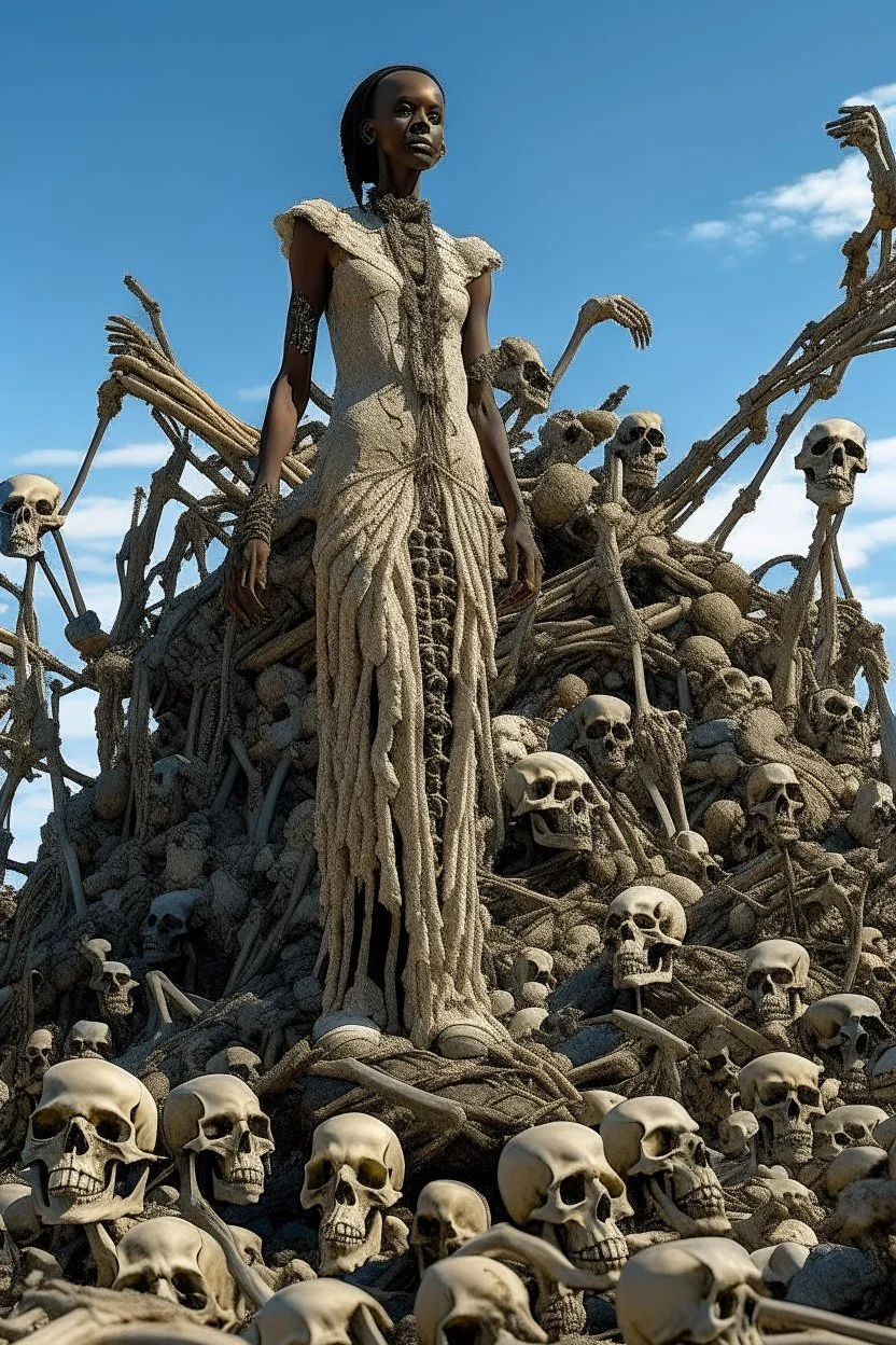 a bone yard with a tall android woman standing at the top of a pile of bones