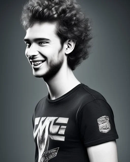 A slim relatively high guy with wild curly light hair, smiling with teeth and wearing black skinny jeans and a t-shirt