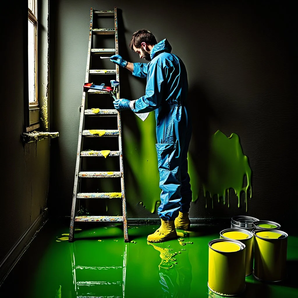 Painters in overalls stained with lime stains Standing on a ladder and painting green A room with a window, on the floor near the ladder Open paint cans, a can of yellow paint and a can of blue paint spilled on the floor creating a mixed puddle of beautiful colors, ultra-realistic shot, photo, 12K