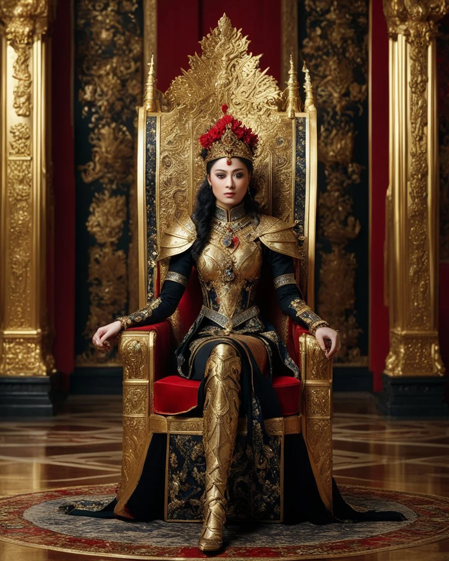 A length image of photography full body photo of a beautiful-faced Queen sitting on a luxurious chair in a palace, wearing luxurious battle armor with a design of gold and black metal plate and metal crafts with radiant diamond luster, decorated with flower-shaped red diamond stone, black leaf decorations,and small dragon decorations, against a gold background, holding a gold carved sword, accompanied by two white tigers angry face sitting beside him, with added details.