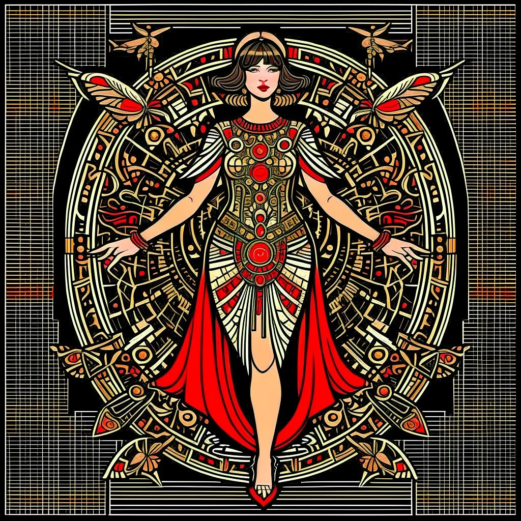 Full Body, Art Nouveau Woman With A Bob With A Fringe Hairstyle, Cleopatra Clothing, Steampunk Metal moth with red wings, Black Background