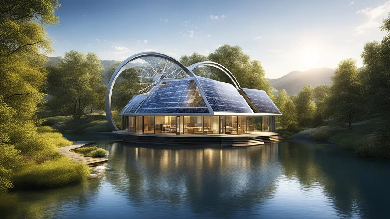 6003. Innovative environmentally-friendly home, solar panels, water wheel in river, alternative energy, scientific experiment, home of the future, fantasy, robotic, automated, spectacular, futuristic, beautiful lighting, attractive composition, photorealistic, extremely detailed, chiaroscuro