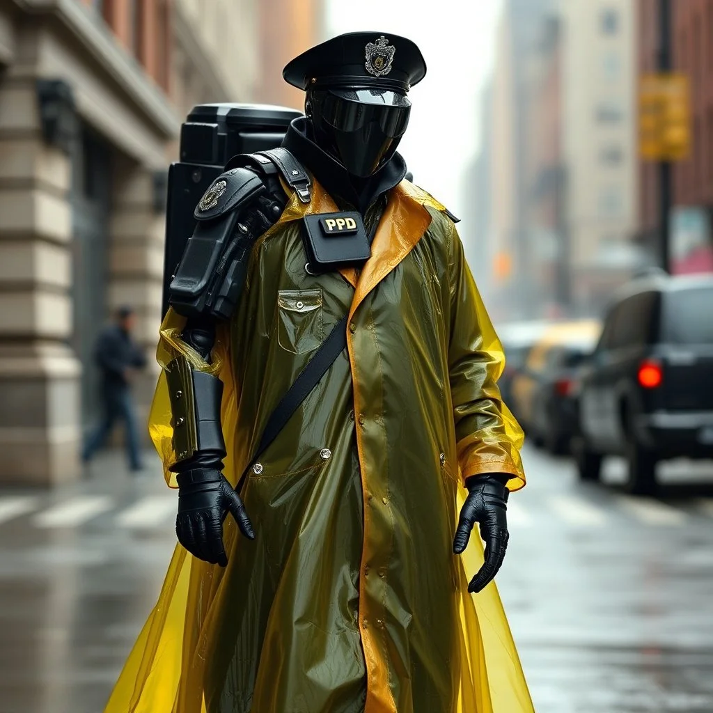 vintage, nypd full body color 1920 black policeman with exoskeleton wtih heavy yellow rain transparent coat