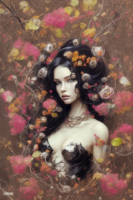 abstract creation of a beautiful girl with black curly hair, surrounded by black roses, thick metal chain broken, glass petals on the ground, autumn colours,dried out thorn bush, chaos,