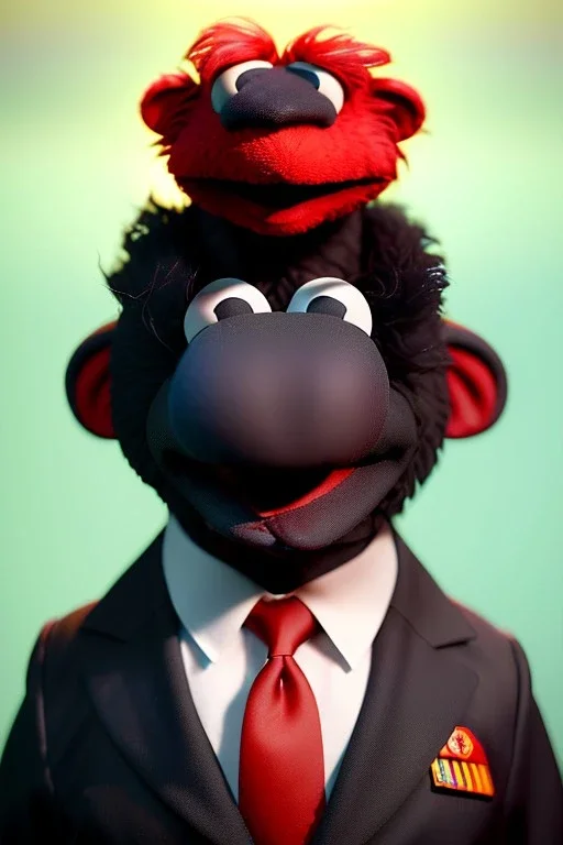 Waist up muppet Portrait, Kim Jong-un muppet doll, black suit, photo studio, red background, unreal engine 5, concept art, art station, god lights, ray tracing, RTX, lumen lighting, ultra detail, volumetric lighting, 3d.