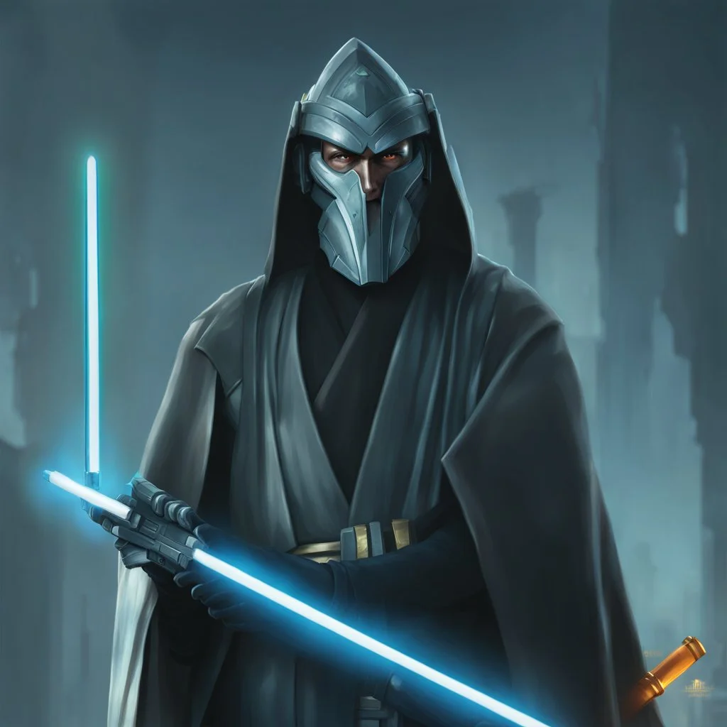 star wars bald male corellian jedi pilot wearing black and gunmetal grey old republic armored robes with gold trim, alone, battle-ready Jedi Master defending a ruined ancient city surrounded by golden light, centered head and shoulders portrait, hyperdetailed, dynamic lighting, hyperdetailed background, 8k resolution, volumetric lighting, light skin, fully symmetric details