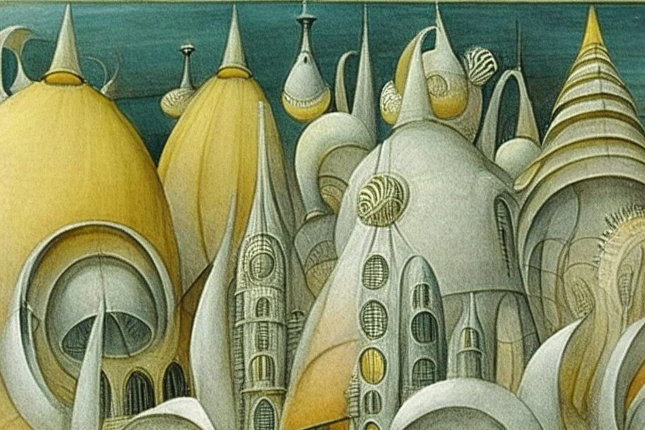 nautilus shell buildings and towers by artist "Leonora Carrington"