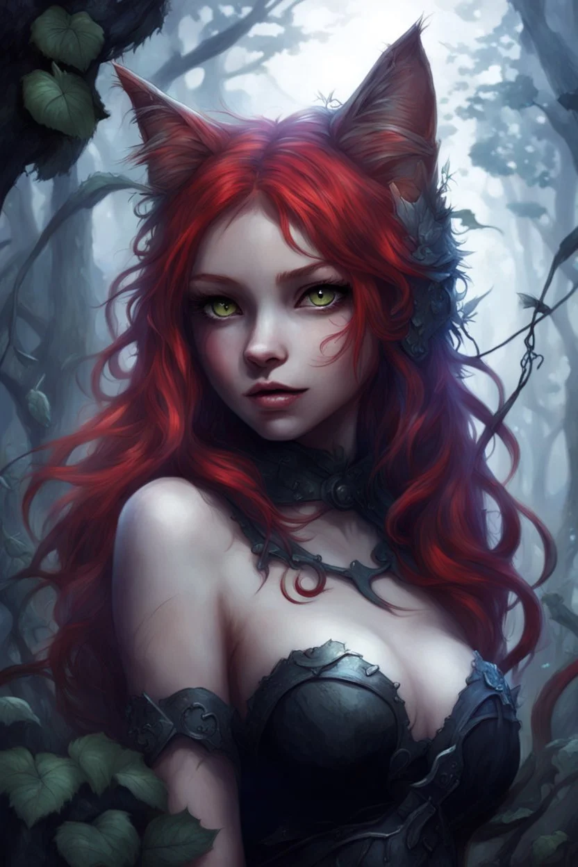 CAT GIRL, FANTASY, FORESTY, VINES, SOULLESS, FLUFFY TAIL, RED HAIR, METAL