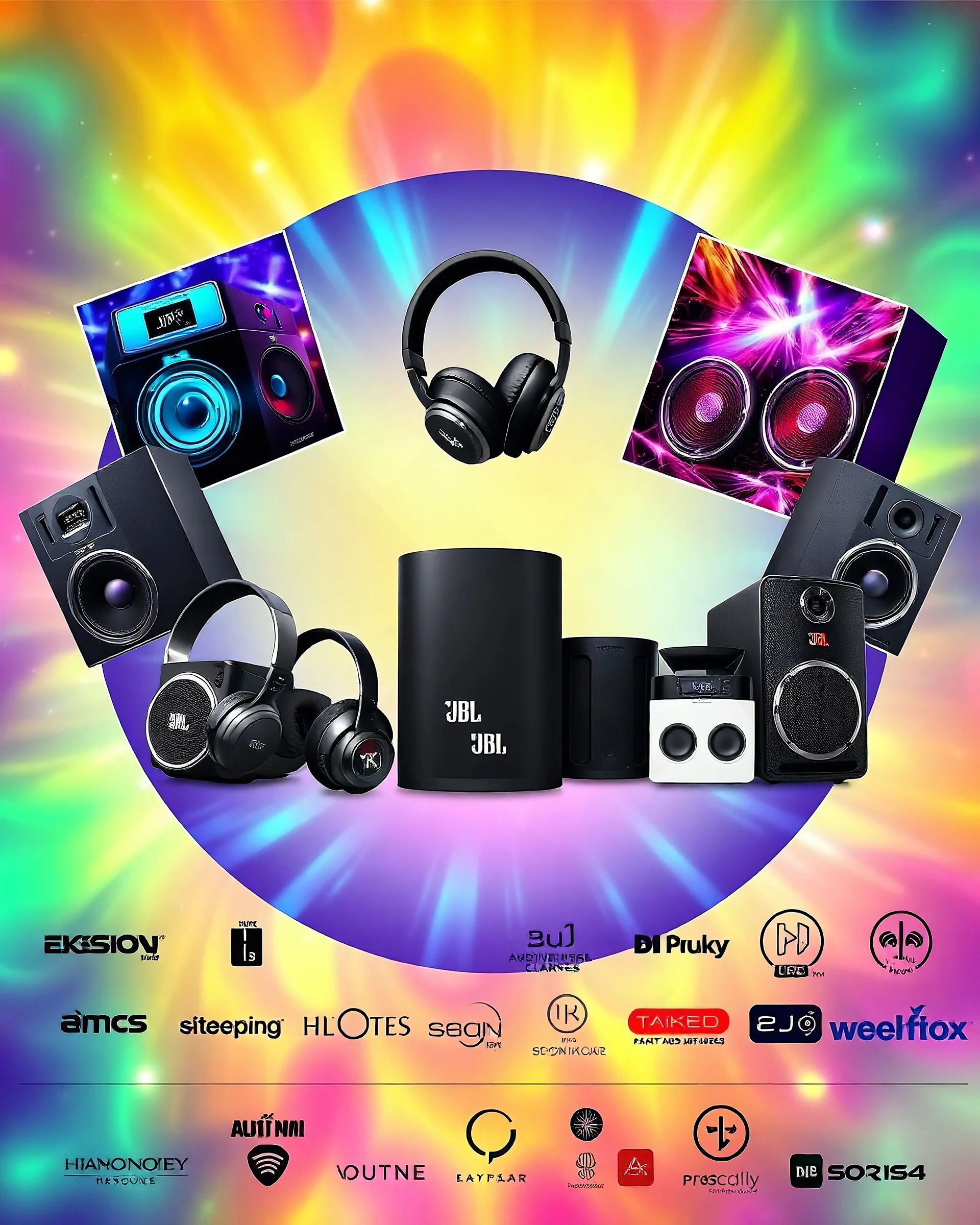A beautiful banner design with photos of party speakers and party boxes, several models of headphones, mobile chargers, and JBL speakers in the middle of the image, and several famous logos from world-renowned audio and video systems at the bottom of the image with a psychedelic color theme.