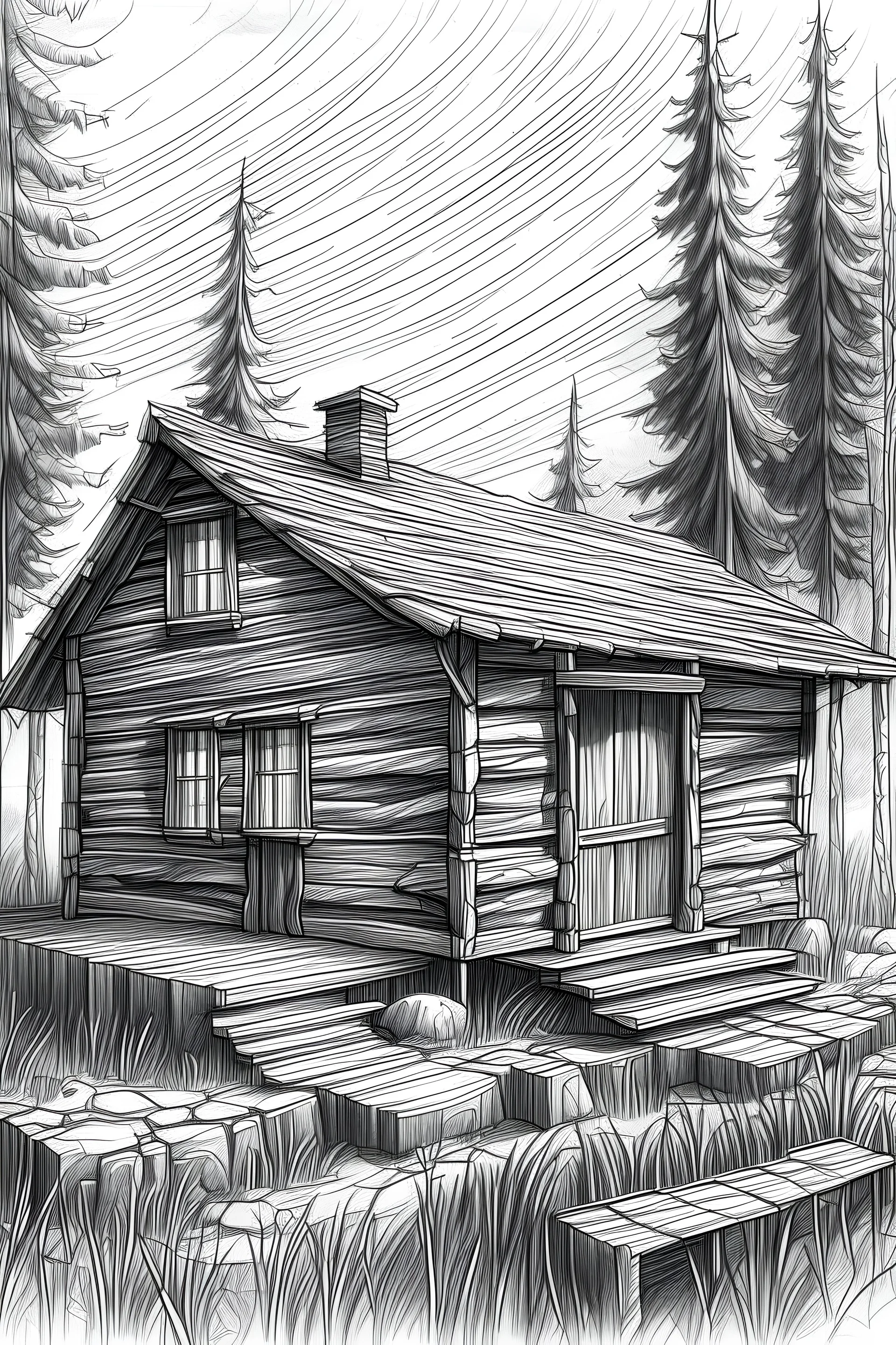 generate an artitect pencil illustration of a nice cabin