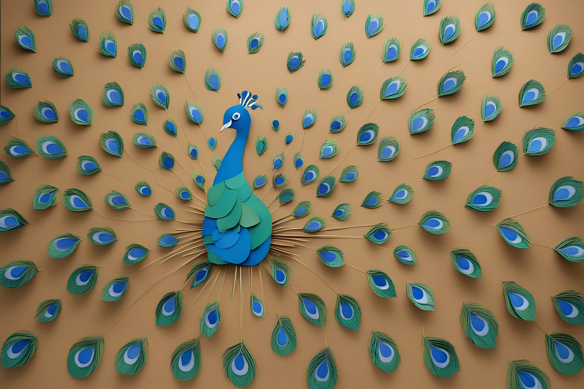 peacock scene made from torn cardboard boxes in sunshine