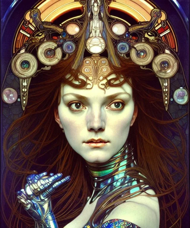 Realistic detailed face portrait of a beautiful futuristic Karen Carpenter queen in opudesignlent alien glass armor by alphonse mucha, ayami kojima, amano, greg hildebrandt, and mark brooks, female, feminine, art nouveau, ornate italian renaissance cyberpunk, iridescent venetian blown glass, neo - gothic, gothic, character concept