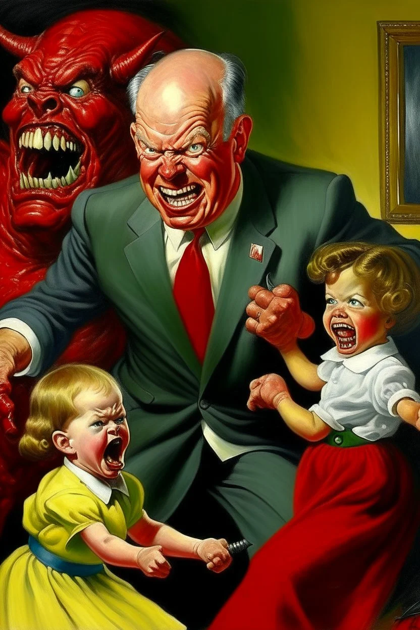 President Dwight D. Eisenhower painted as an angry wife beating child hater Bad Temper red faced monster