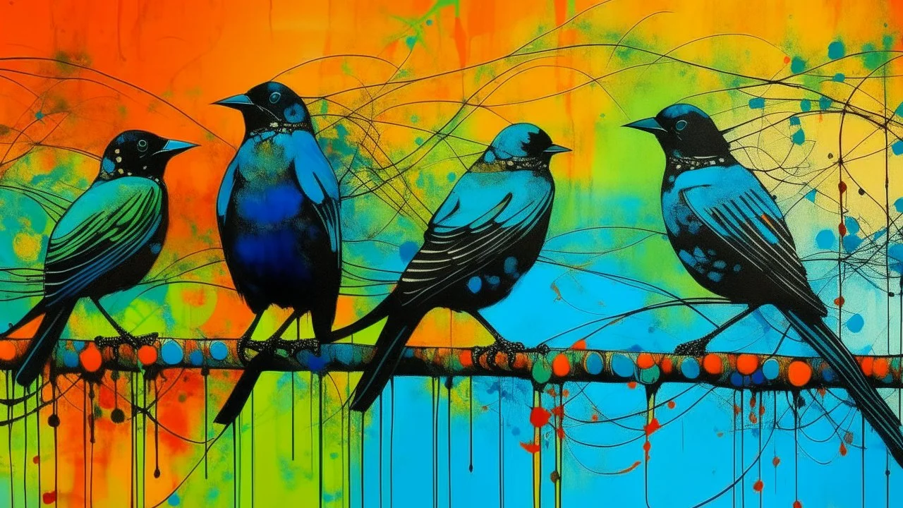 Three black birds perched on a wire against a colorful, abstract background with textured patterns and splashes of vibrant hues like green, blue, and orange