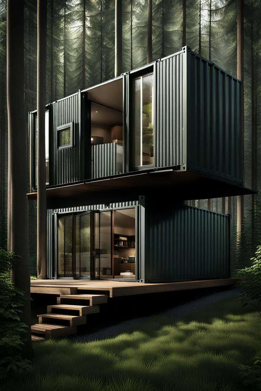 Medium-sized house in the woods made from shipping containers, photorealistic