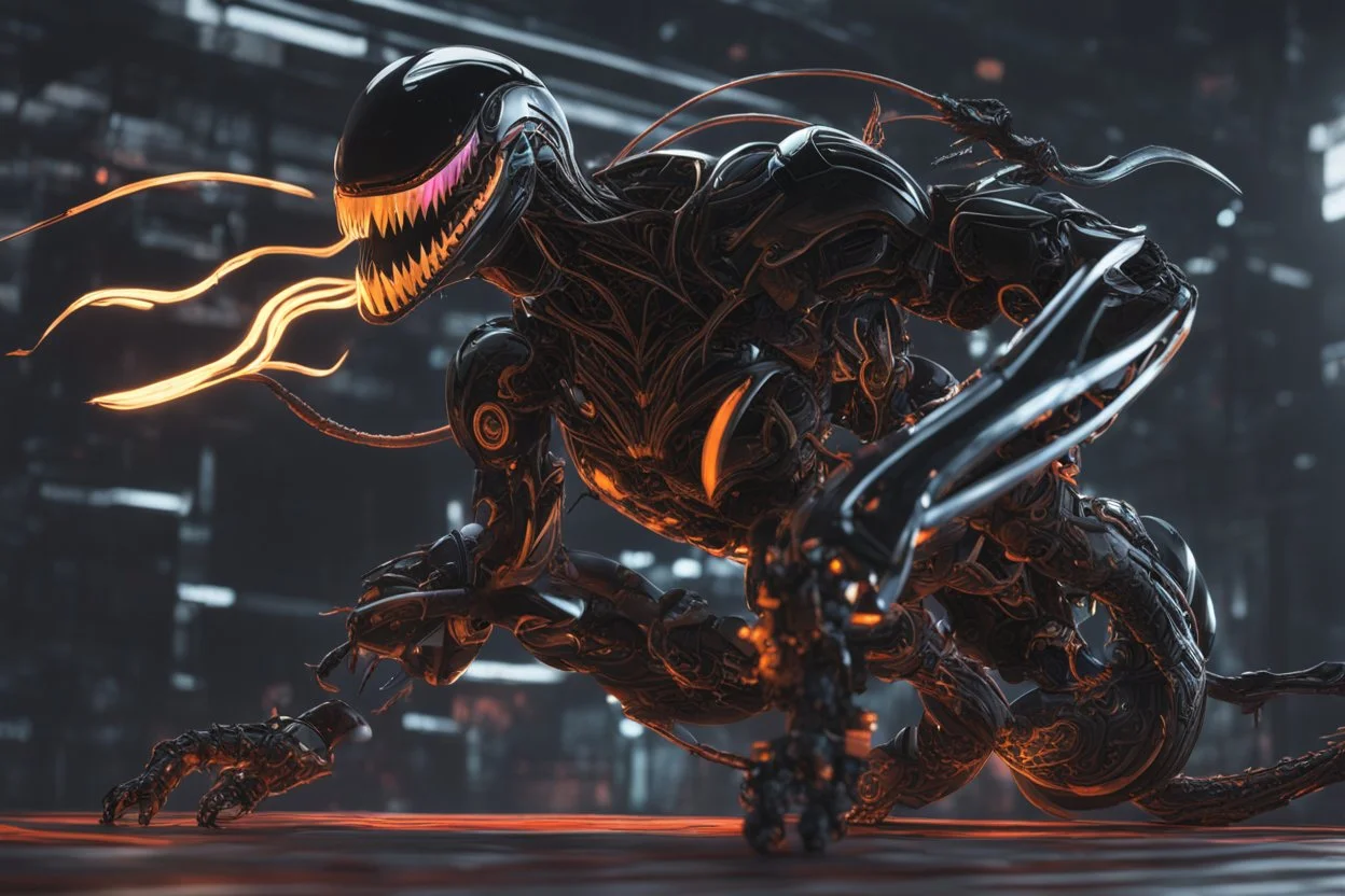 Venom machine in nier automata artstyle, halloween them, neon effect, , close picture, fantasy world, intricate details, highly detailed, high details, detailed portrait, masterpiece,ultra detailed, ultra quality