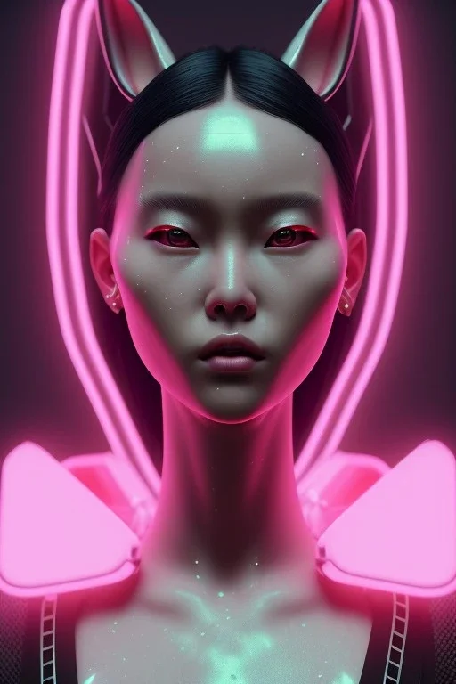 Portrait, Front image, cyberpunk Asian woman with rabbit mask, black pink color, latex dress, highly detailed, concept art, smooth, unreal engine 5, god rays, ray tracing, RTX, lumen lighting, ultra detail, volumetric lighting, 3d, finely drawn, high definition, high resolution.