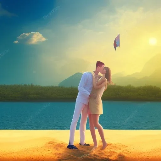 2 lovers last kiss in sand island with tent and river background