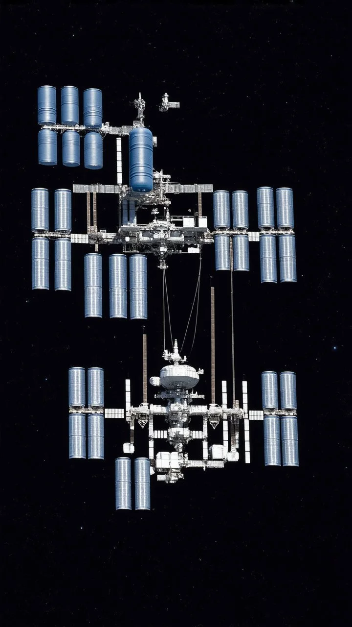 huge space station looking like oil drums strung together in the inky blackness of space.