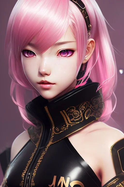 Detailed cute anime Kunoichi girl, pink hair buns, pink bangs, black latex bra, intricate details, full body portrait, keep head in frame, slight smile, black Japanese motif, concept art, highly detailed, digital painting, concept art, sharp focus, illustration, art by Yoji Shinkawa, WLOP and greg rutkowski and alphonse mucha and artgerm and yanjun Chen and Junji ito and Makoto Shinkai, HDR, octane render