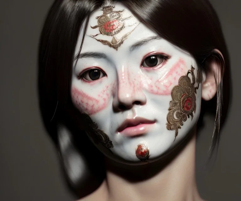 Realistic image portrait. Sweet face traditional japanese porcelain mask. 4k resolution, intricate details, ornate details, soft lighting, unreal engine 5.