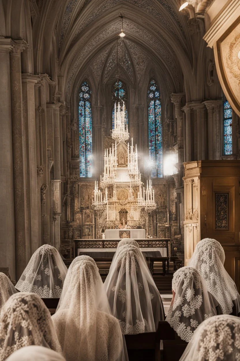 7 sisters wearing lace veil praying in church.cinematic.dark mood