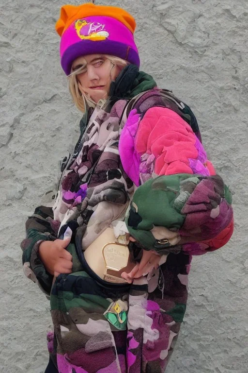 blonde taking selfie.thick thighs,thick calves,flat belly,curvy fell. big head. Mantle is sewed of upcycled Denim and sewed together of camouflage pieces. Pieces' color are orange, cream and purple. It is with big bright purple felt tippet and birght-colored-hood is merged with colorful beanie. Big colored headphones (gold rings!) is merged with small felt cap with small visor. Style: Haute Couture in 1950's Brazil, N.Y.C fashion in 2023