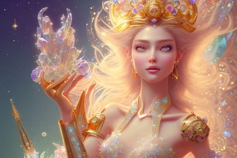 very beautiful crystal and gold goddess in a galactic ambiance, nice smiling, transparent petals, delicate colors, full of details, smooth, bright sunshine，soft light atmosphere, light effect，vaporwave colorful, concept art, smooth, extremely sharp detail, finely tuned detail, ultra high definition, 8 k, unreal engine 5, ultra sharp focus