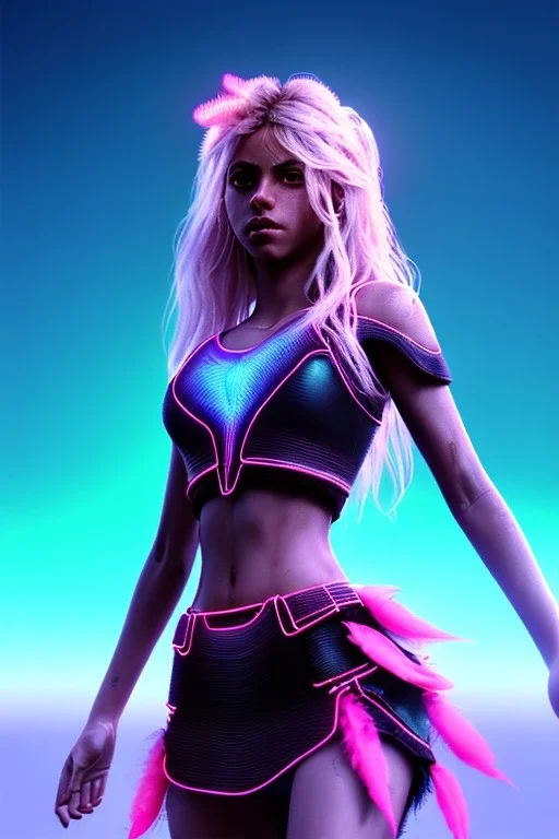 Shakira, artist, 30 years old, Realistic image, waist up portrait, etro style dress. Blonde, feathers, loose long hair, eyes make up, perfect, glow, circle iris. Neon colors, leds, geometric shapes. Dark background, photo studio, neon lights. Cyberpunk, concept art, smooth, unreal engine 5, god lights, ray tracing, RTX, lumen lighting, ultra detail, volumetric lighting, 3d, finely drawn, high definition, 4k.