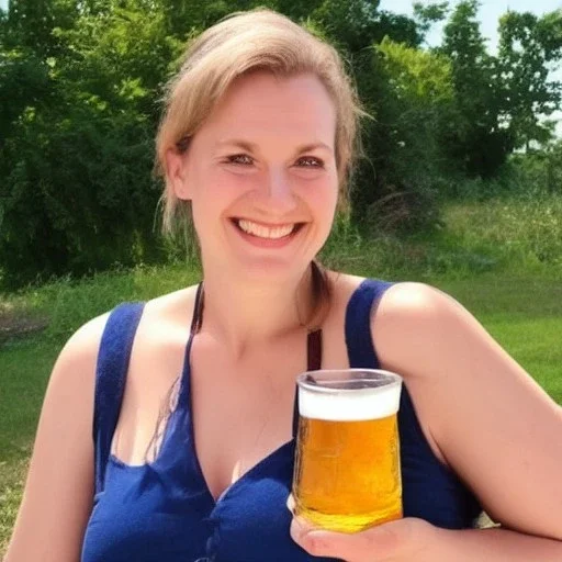 german woman holding a beer and smiling