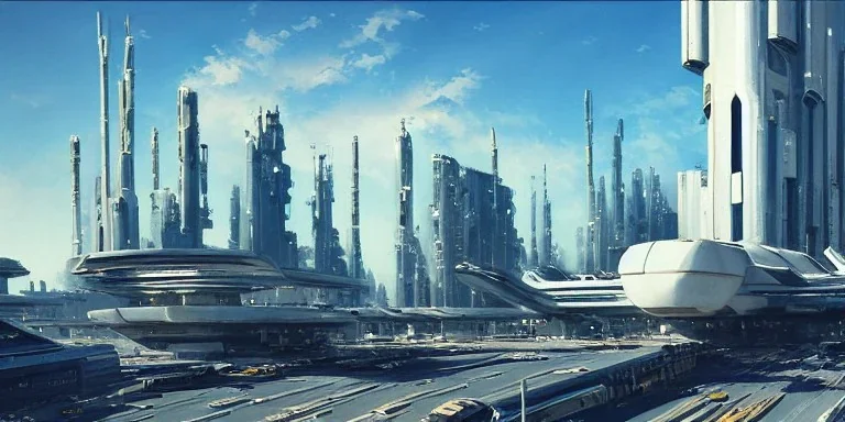 Spaceport on a heavy industrialized planet with futuristic high rise buildings with glass facades in the background and a docked spaceship in the foreground, art by John Berkey, brutalist architecture, insanely detailed, vibrant, 8k uhd, cinematic atmosphere, ultra-wide angle, street level view, brush strokes, blue sky with clouds, sharp focus