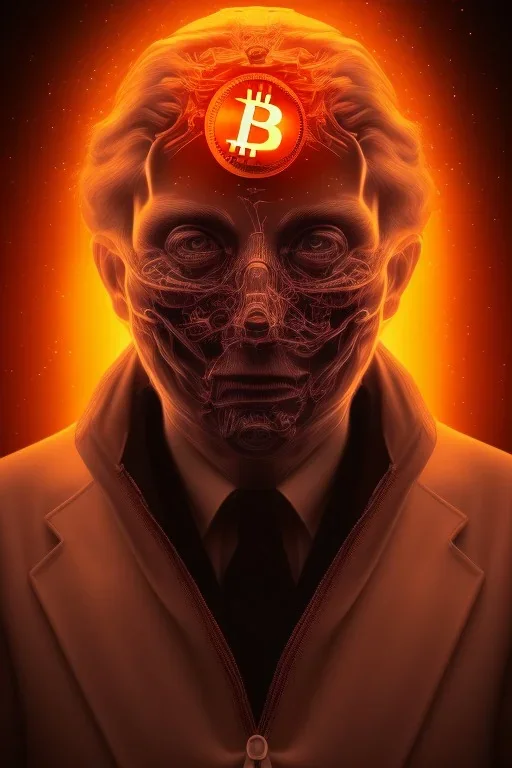 satoshi nakamoto in the bitcoin brain, Fire theme art, Dark moody night atmosphere, , 8K, close-up face, anatomically perfect face