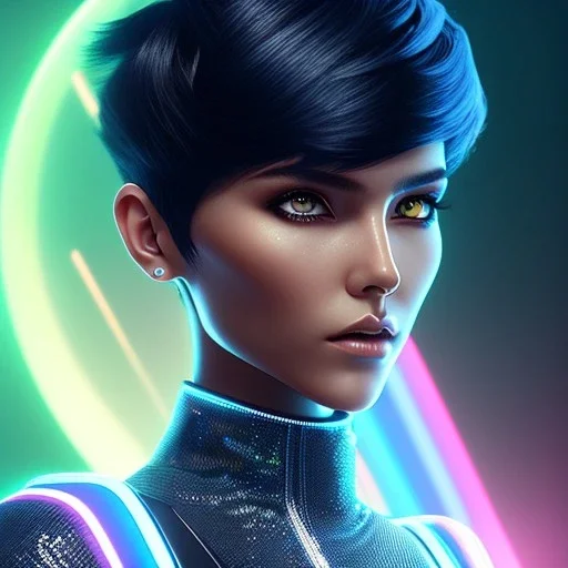 Úrsula Corberó, Cyborg anime warrior, cyberpunk, light black short hair, pixie hairstyle, cobalt eyes, waist up portrait, 8k resolution, retroanime, intricate details, neon details, soft lighting, vibrant colors, masterpiece, intricate eyeliner, dark eyeshadow, eyes, intricate tattoos, gradient background