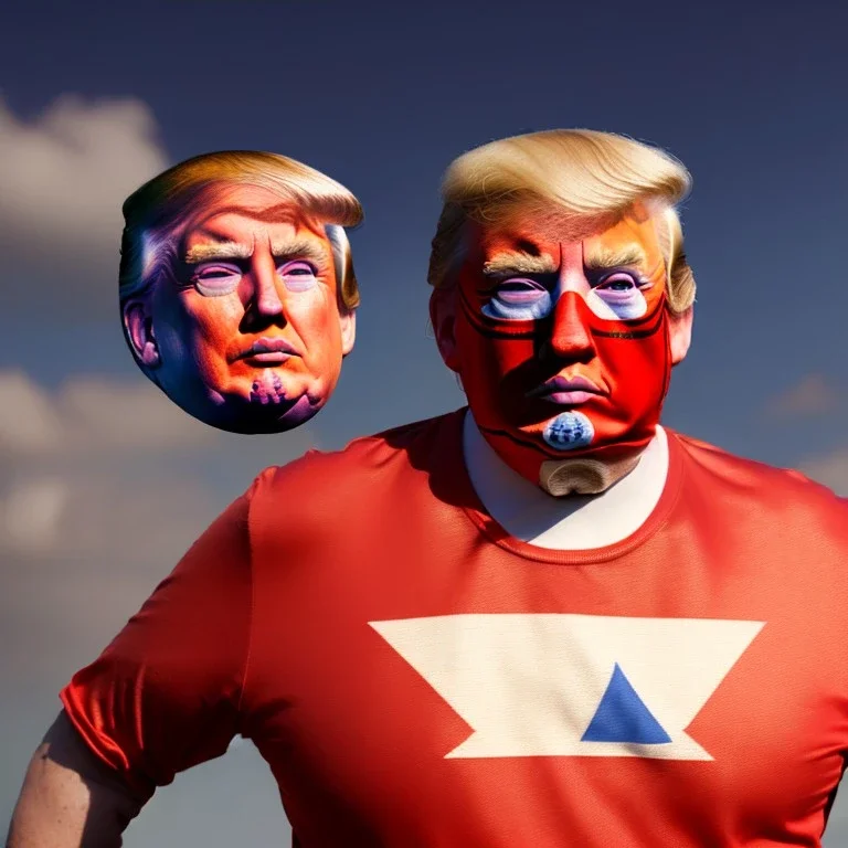 realistic image of donald trump as a mexican wrestling fighter posing outdoors, Mexican eyes wrestling mask, red and blue breeches, suspenders, retro style, 80s, vibrant color, highly detailed, sky background, concept art, unreal engine 5, god rays, ray tracing, RTX, lumen lighting, ultra detail, volumetric lighting, 3d, finely drawn, high definition, high resolution.