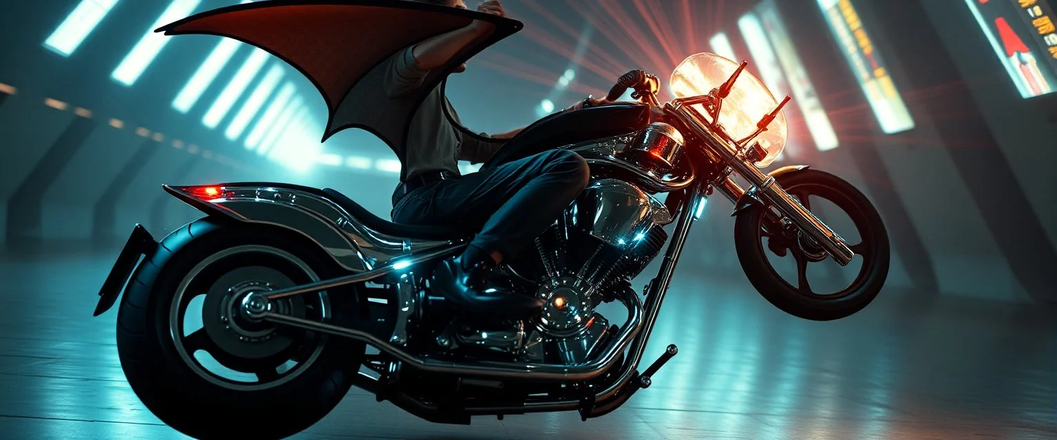 close up on weird out expression man on vampire bike suspended inside laid back futuristic sci-fi glass human form chopper vampire coffin standing upright on wheels shooting lazers in all directions