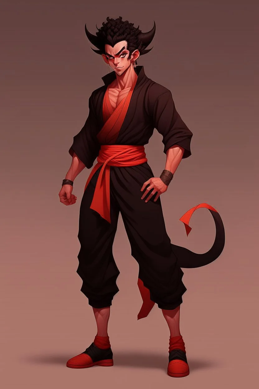 Full Body, Male Tiefling, monk, body shape as Super Sayin Goku, boxer pose, dark outfit colour theme, HD