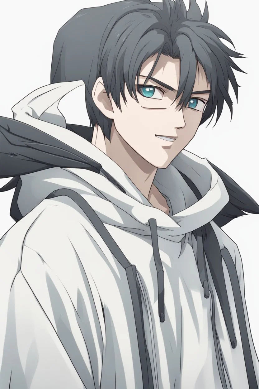 Anime man with black wings realistic happy wearing a hoodie