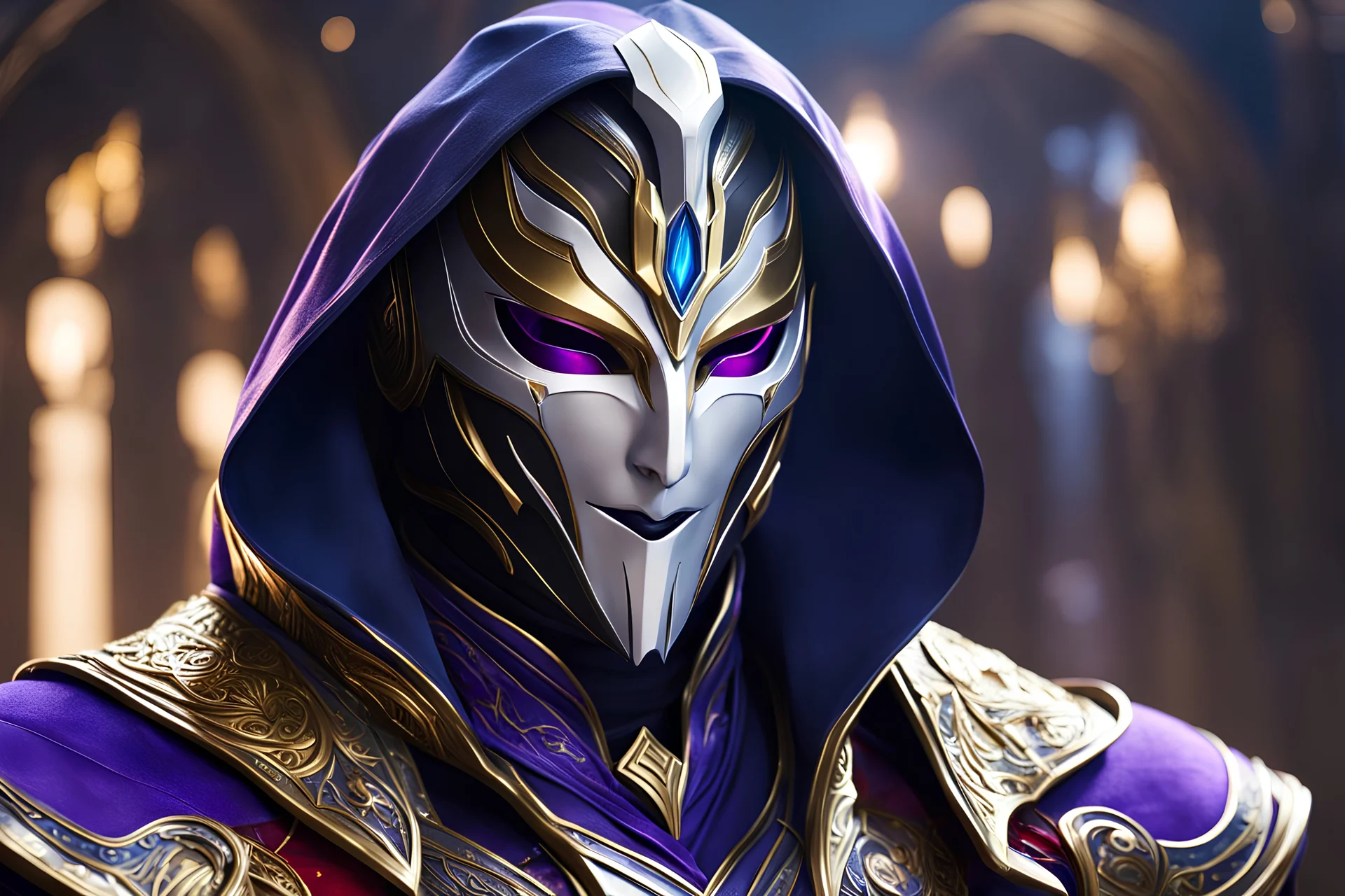 Jhin in 8k live action artstyle, cosmic mask, close picture, intricate details, highly detailed, high details, detailed portrait, masterpiece,ultra detailed, ultra quality