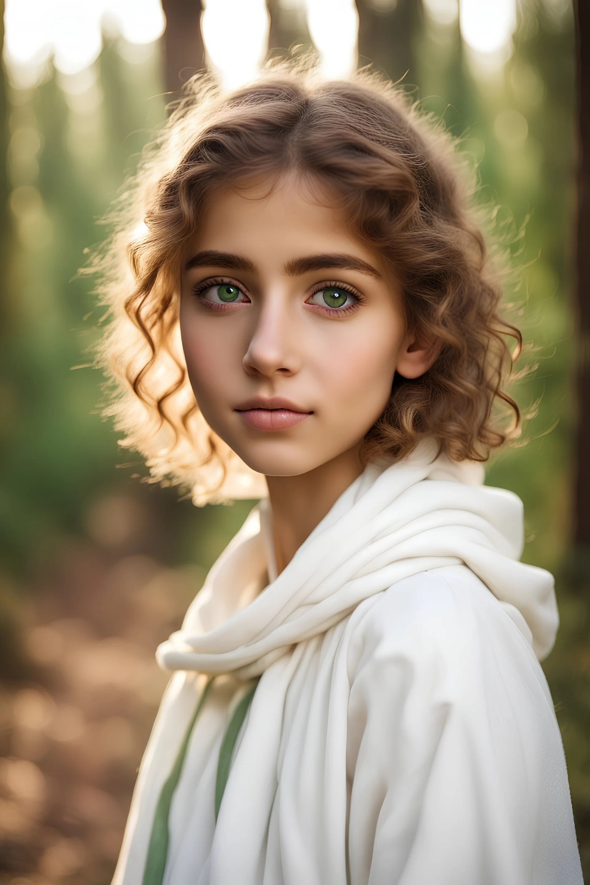 Portrait of Arab-Hebrew young girl with thin facial features, white skin, fluffy cheeks, green eyes, light-brown shorty hair, and white clothes. Forest background