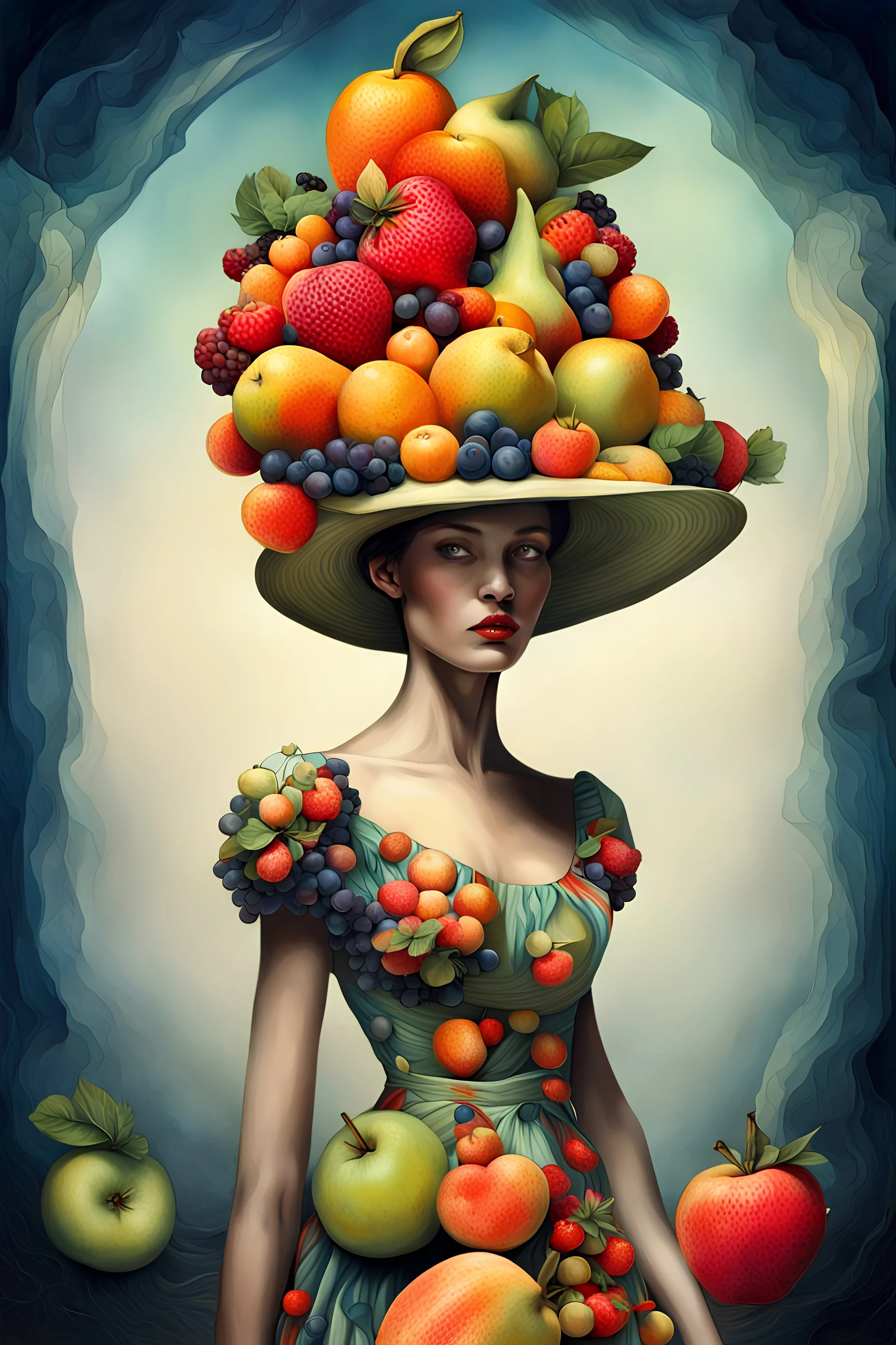 there is a woman in a dress and a hat with fruit on her head, inspired by Arik Brauer, surrealistic digital artwork, inspired by andrey ryabovichev, abstract surrealism, beautiful digital artwork, inspired by Ignacy Witkiewicz, inspired by Darek Zabrocki, stunning digital art, surreal digital art, gorgeous digital art