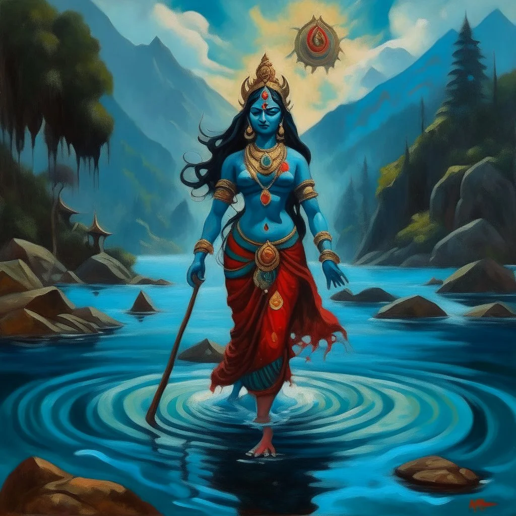 An oil painting of goddess Kali crossing a lake