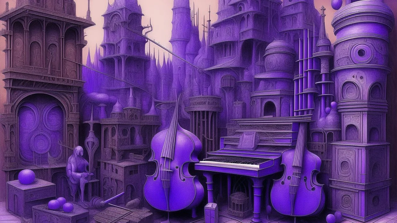 A violet cybernetic city with instruments painted by Leonardo da Vinci