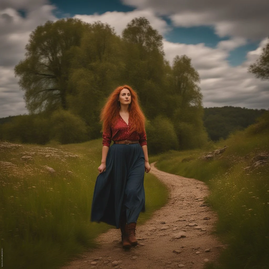 full body shot of a very beautiful lady curvy hair, walks in the country side with a narrow river with clean water and nice rocks on floor. The trees and wild flowers pretty country houses ,nice cloudy sky.