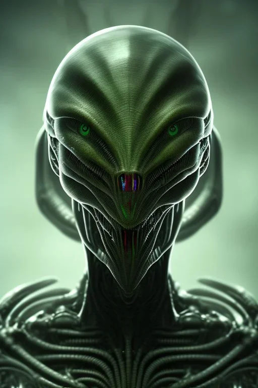 alien, head, evil,green eyes, weapons, blood, 8k, finely detailed, photo realistic, HR Giger style