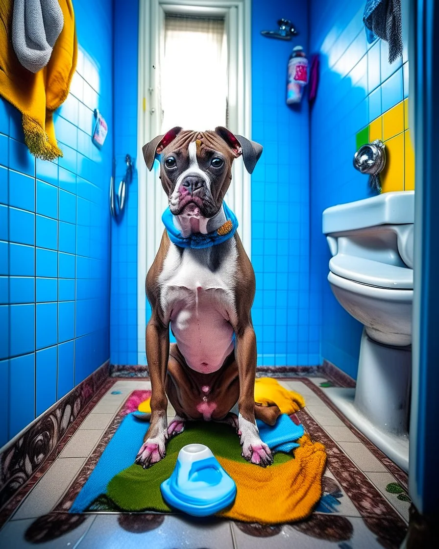 Unusual photo of a pit bull terrier sitting on a toilet, imitating a human. The dog is wearing a comical pair of shoes. Rts that have been lowered just above their front legs. He is facing the viewer, engrossed in reading something on his cell phone. The bathroom is clean and modern, with a small, colorful rug on the floor. The general atmosphere of the photo is happy and fun