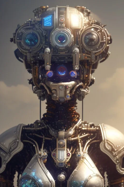 a beautiful full frame portrait digital painting of futuristic gaspunk robot, wide angle view, close-up, macro lens, centered camera, titanium accents, intricate details, small minutiae, tiny features, particulars, colorful, 8k, least ambient occlusion, volumetric lighting, volumetric clouds